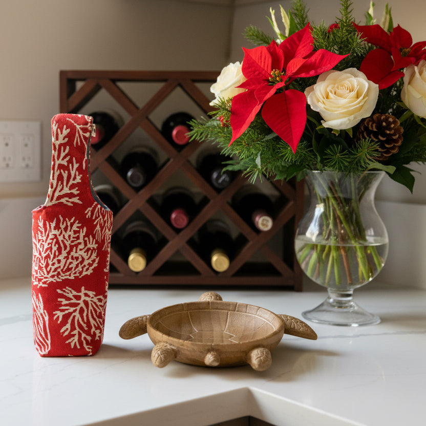 Red coral and denim wine tote