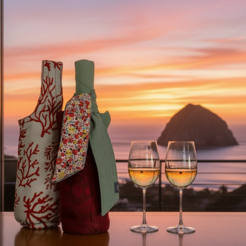 Festive Red Coral and Deep Red Damask Wine Totes with a Sash of Denim