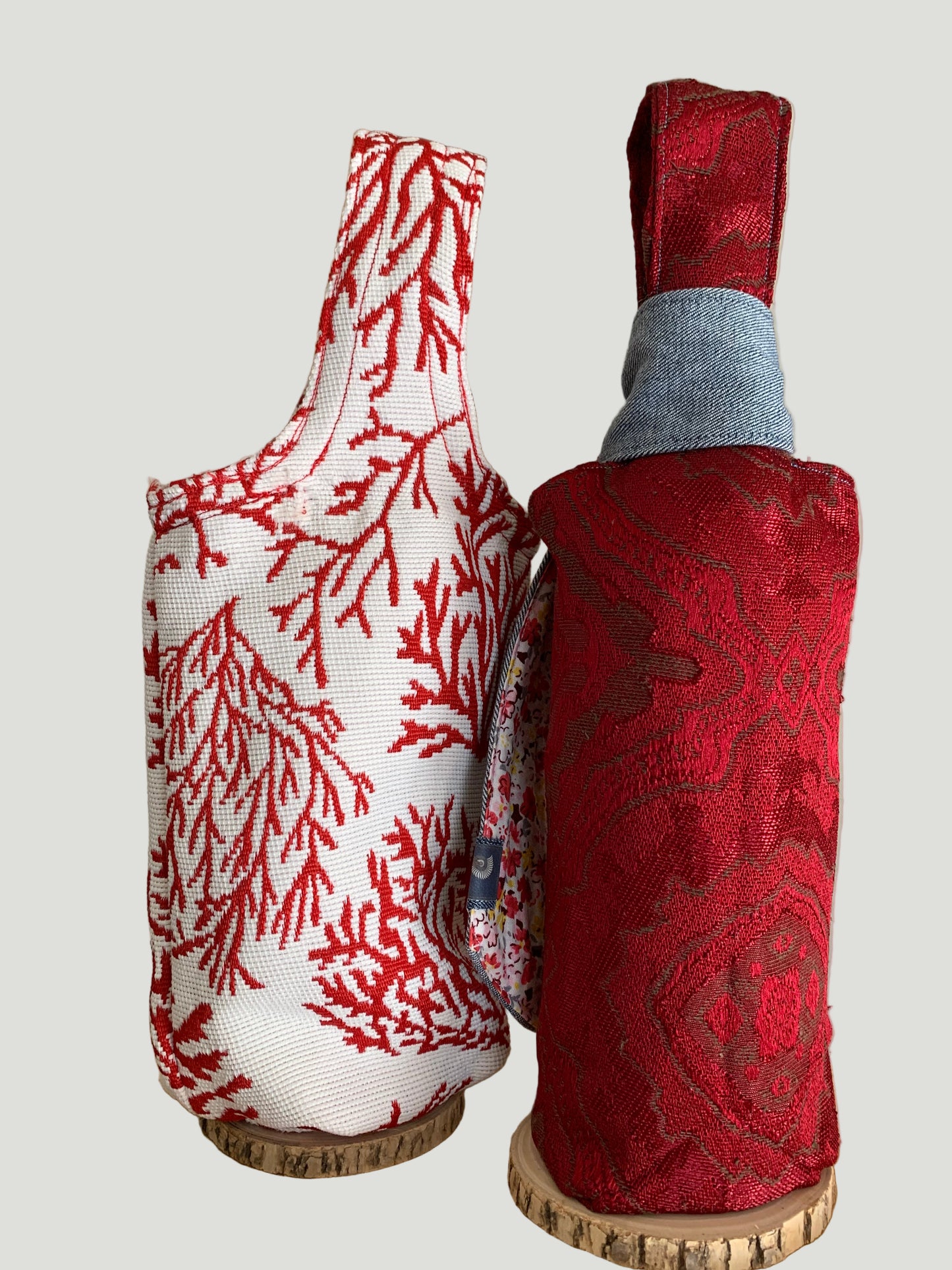 Festive Red Coral and Deep Red Damask Wine Totes with a Sash of Denim