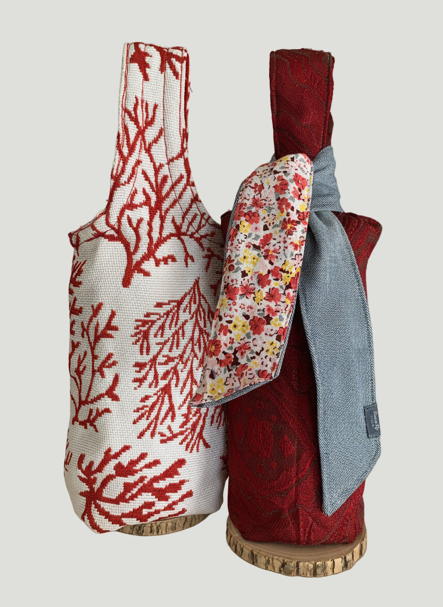 Festive Red Coral and Deep Red Damask Wine Totes with a Sash of Denim