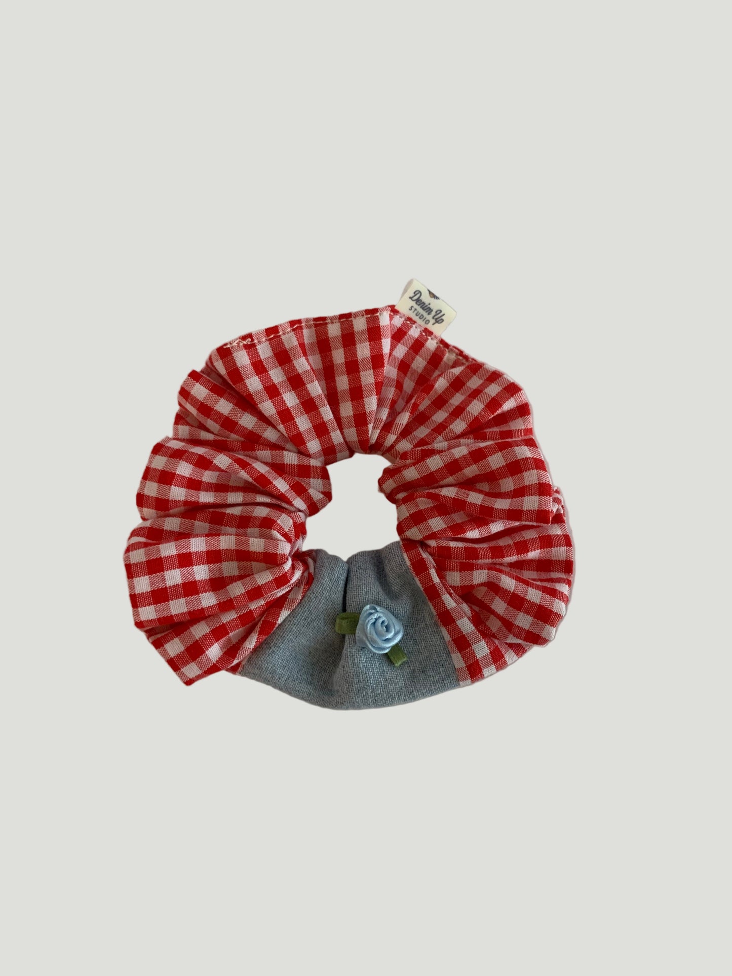 Picnic Gingham Denim Flower Scrunchie