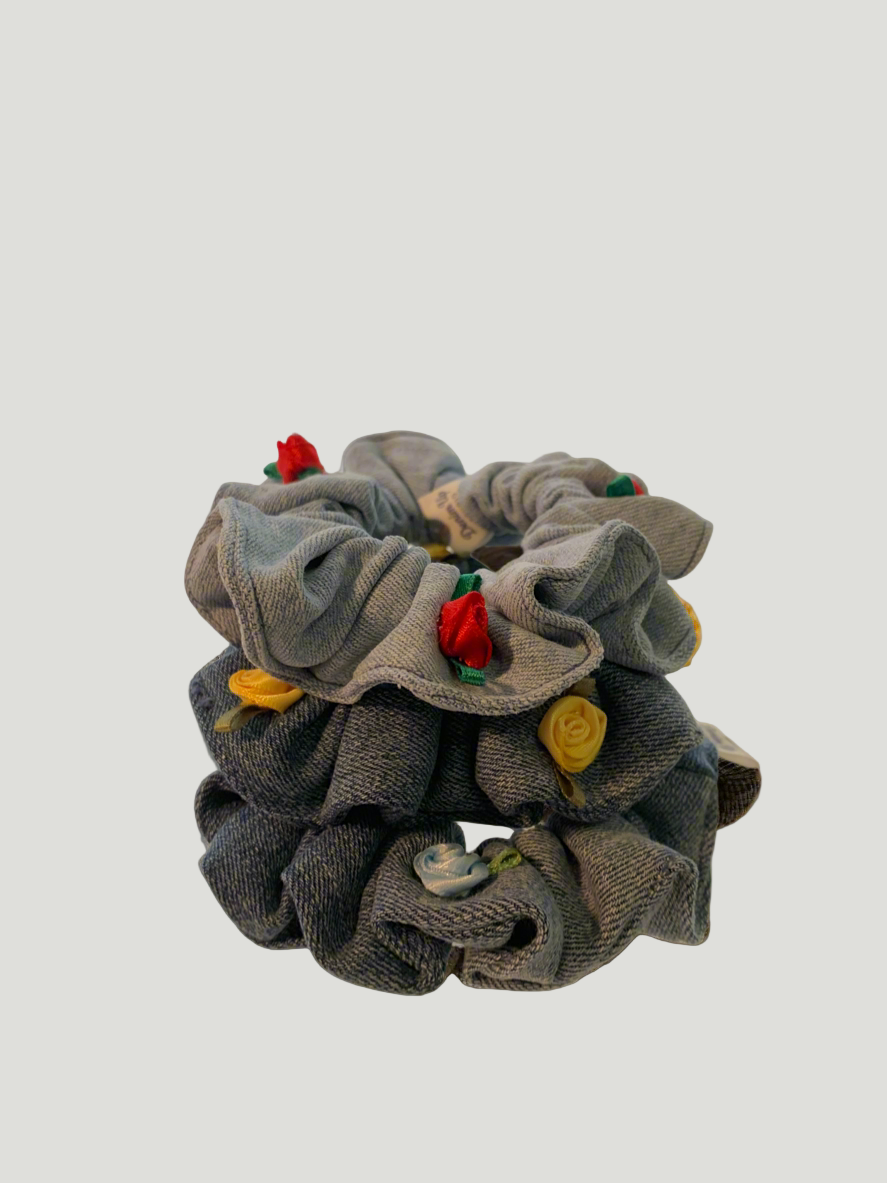 Coastal Bloom Trio – Denim Scrunchie Set