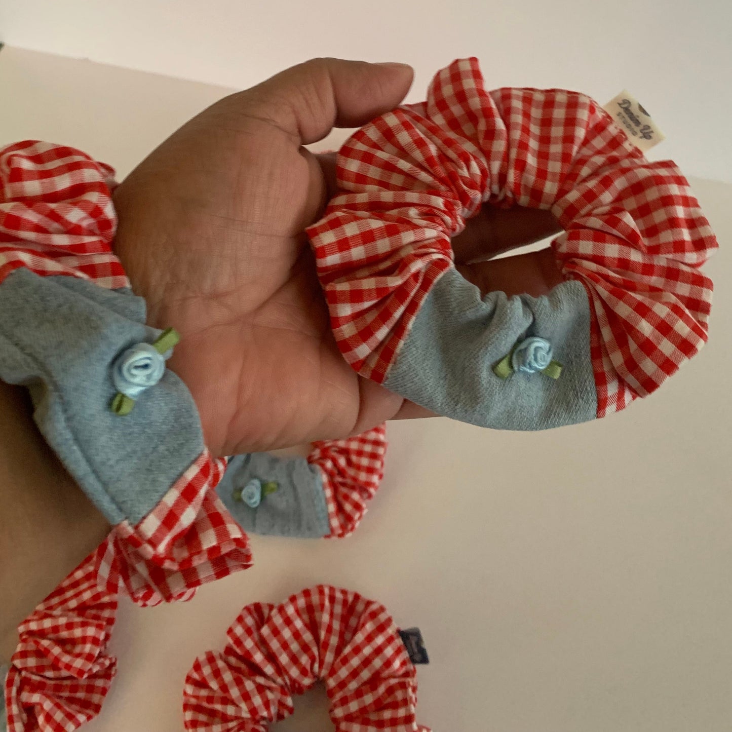 Picnic Gingham Denim Flower Scrunchie