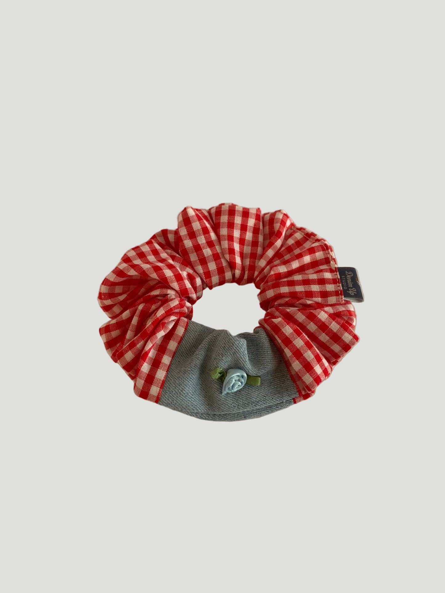 Picnic Gingham Denim Flower Scrunchie