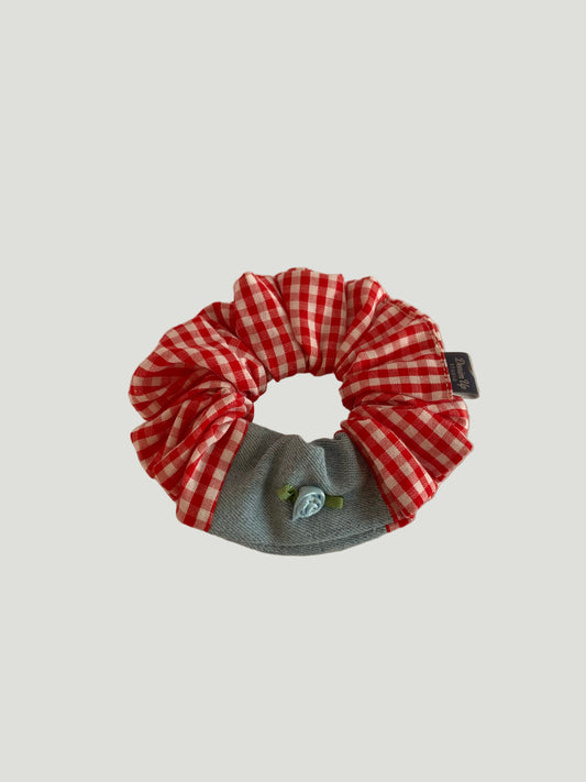 Picnic Gingham Denim Flower Scrunchie