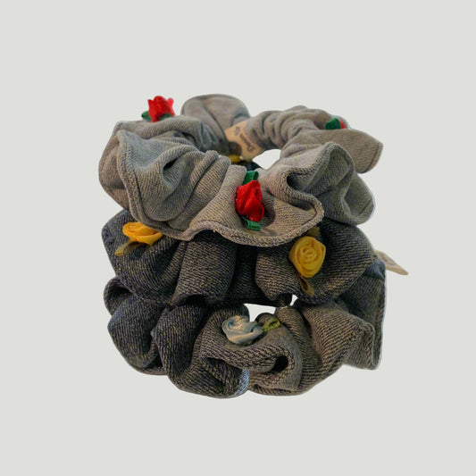 Coastal Bloom Trio – Denim Scrunchie Set