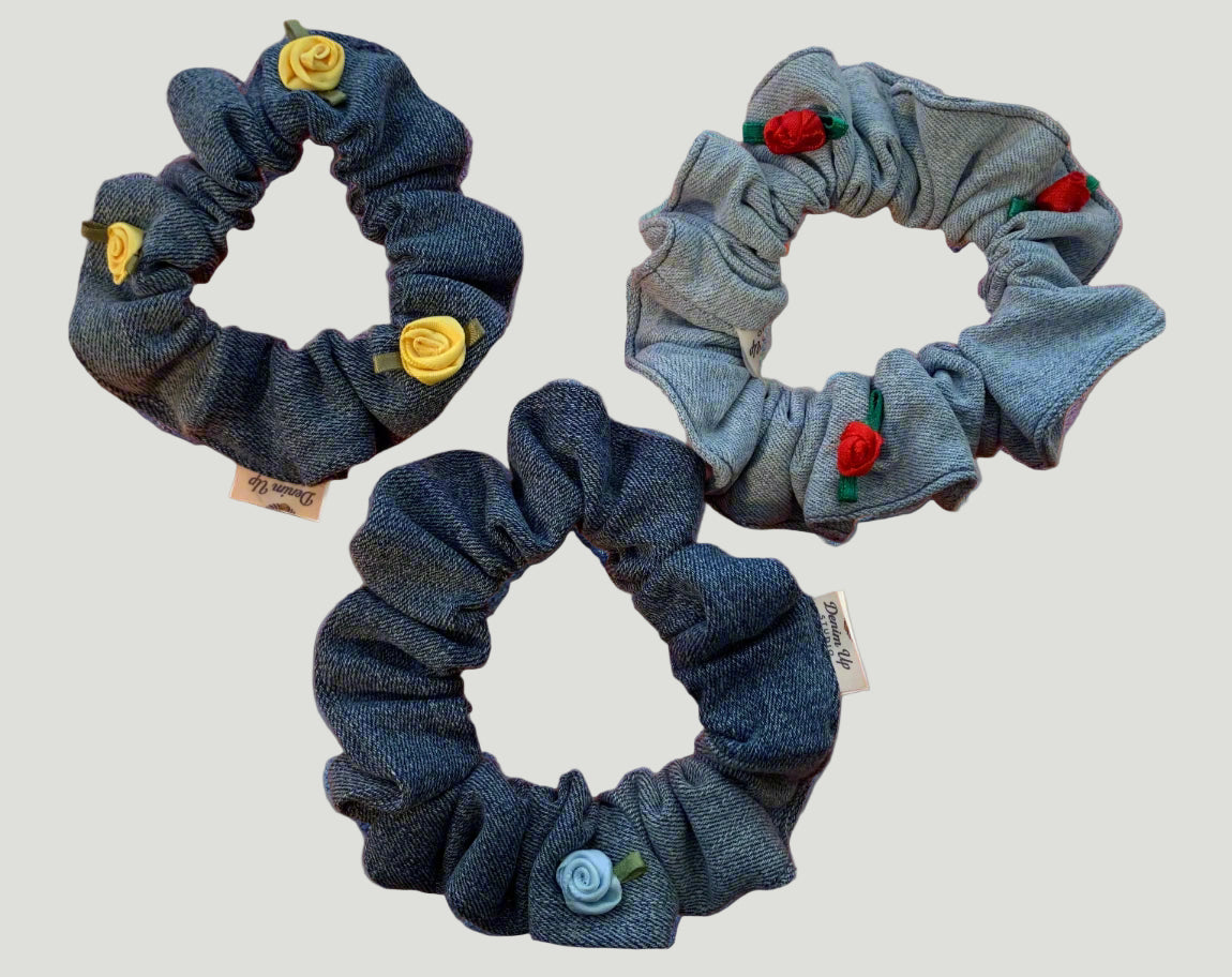 Coastal Bloom Trio – Denim Scrunchie Set